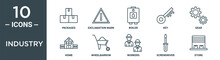 Industry Outline Icon Set Includes Thin Line Packages, Exclamation Mark, Boiler, Key, Gear, Home, Wheelbarrow Icons For Report, Presentation, Diagram, Web Design