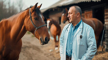 Veterinarian At A Horse Farm. Selective Focus.