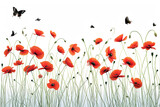 Fototapeta Panele - Meadow with red poppies and black butterfly on a white background. Postcard design.