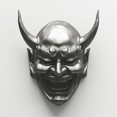 a black metallic oni Demon face mask isolated on a white background