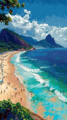 A vibrant Rio de Janeiro Copacabana beach scene themed liquid abstract 3D extrusion, with lively blues, greens, and the energy of Brazil's famous shoreline.