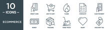 Ecommerce Outline Icon Set Includes Thin Line Credit Card, Add To Cart, Flame, Checklist, Cash Payment, Money, Tracking Icons For Report, Presentation, Diagram, Web Design
