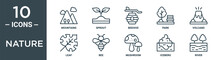 Nature Outline Icon Set Includes Thin Line Mountains, Sprout, Beehive, Park, Volcano, Leaf, Bee Icons For Report, Presentation, Diagram, Web Design