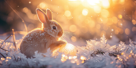 Wall Mural - rabbit in the snow with easter egg