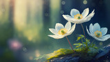 Fototapeta Kwiaty - Kwiaty wiosenne w lesie, pastelowe płatki, kwitnący zawilec