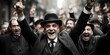 © kaleidoscope - Monochrome jubilant crowd celebrating with one man leading in a bowler hat
