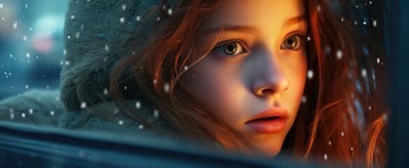 Poster - A girl looking out the window of a car in the snow. Generative AI.