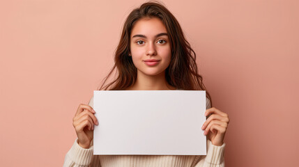 young brunette woman holding blank sign to enter text, isolated on pastel background