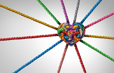 Aufkleber - Strength In Connection and Unity of love partnership as diverse ropes shaped as a heart in a group of different intertwined strings connected together shaped as a support symbol of belonging inclusivi