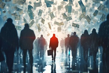 Wall Mural - Business people standing while money rains. Generative AI