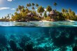 Split view of tropical island hut and colorful fish swimming underwater at water level