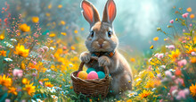 Easter Bunny With A Basket Of Easter Eggs, Holy Holiday Of Easter - AI Generated Image