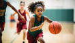 Black girl basketball player on the court during a game wearing a red uniform. Sport, game, basket, sporty, competition, desire to win, AI.