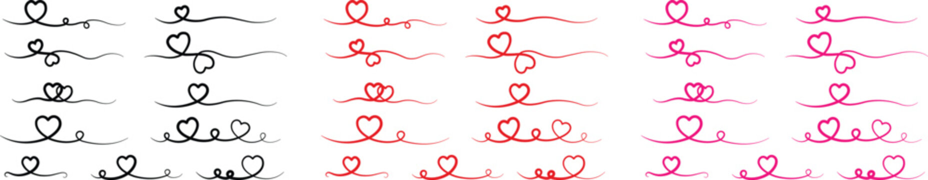 heart lines bundle hand drawn doodle love pink, red or black color icon set isolated on transparent 
