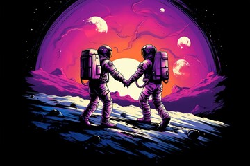 Wall Mural - Astronaut and hiker Holding Hands, Vector illustration, Ai Generated