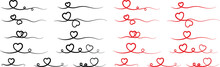 Heart Lines Bundle Hand Drawn Doodle Love Black Or Red Color Icon Set Isolated On Transparent Background. Vector Collection For Valentine Day Invitation Or Greeting Card Drawn Design Text Divider.