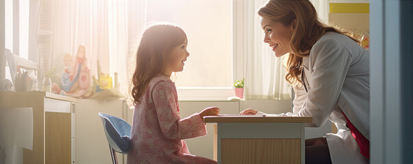 pediatrician or female doctor healthcare consulting with mother and baby in exam room. illustration picture.