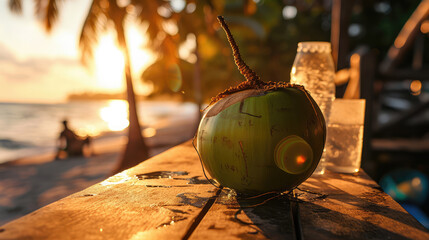 Wall Mural - Green coconut by the beach open with fresh coconut water to cool down in the heat.