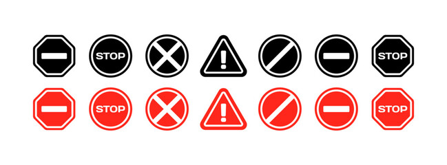 Poster - Warning road signs. Stop road board. Silhouette and flat style. Vector icons