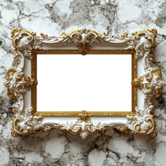 Golden and white luxury transparent empty photo frame on black marble wall, Royal interior luxury decor frame mock up for photo, picture, art