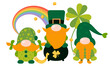 St. Patrick's Day gnomes. Green clover vector background. Irish holiday celebration. Gnome with shamrock and horseshoe, rainbow