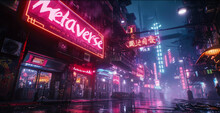 Dark Cyberpunk Neon City In Rain, Store Sign Metaverse In Futuristic Town At Night, Wet Modern Street With Red, Purple And Blue Light. Concept Of Future, Background, Game, Technology