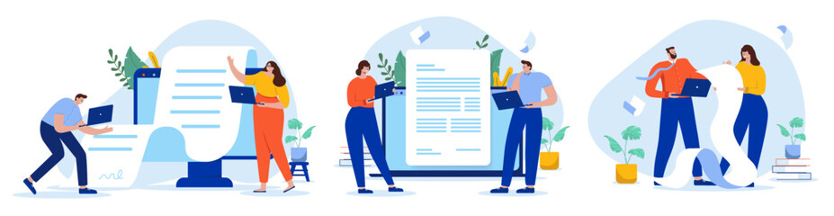 Aufkleber - Business documents and contracts collection - Set of vector illustration with people reading and writing long text files together as a team. Flat design with white background