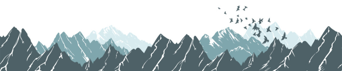 Wall Mural - Seamless mountain background and Flying birds in the sky. Hand drawing. Not AI. Vector illustration