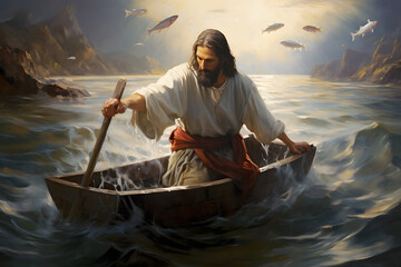 Canvas Print - Christianity, religion, and biblical ideas. Jesus Christ, the Son of God, is a biblical figure and the messiah who assists joyfully enthusiastic fishermen in capturing fish for nourishment in lakes. s
