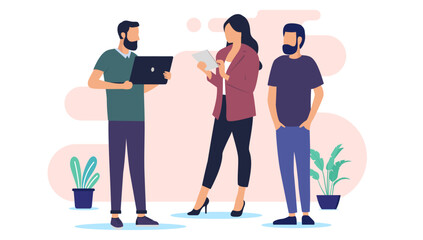 Poster - Office people working together - Group of three business characters with computer and device talking and discussing as a team. Flat design vector illustration with white background