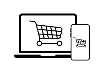 Poster - Shopping cart icon. Laptop and phone screen. Silhouette style. Vector icon