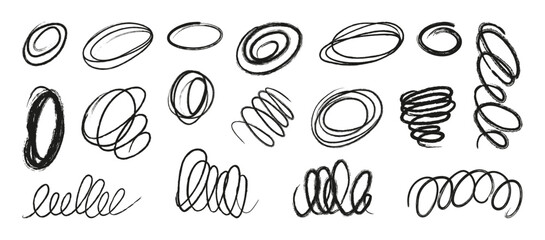 Poster - Black crayon curly lines and squiggles. Abstract scribble brush strokes vector set. Hand drawn pencil daub scratches isolated on white background.