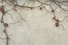 Plain Wall, Background, Texture. Fencing, Colored In Beige Color With The Creeping Vines. Plastered Surface With Dry Creeping Sprigs Of Grapes. Abstract Sketches Of Nature