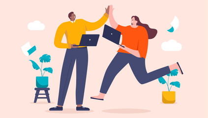 Aufkleber - People doing high five - Two cartoon characters in flat design being happy and cheerful at work together after achievement and success