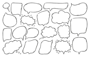 Poster - Set black outline speech bubbles isolated on white background. Hand drawn various doodle talk balloons with grunge crayon texture. Empty thought and text clouds. Chat communication sign. Flat vector
