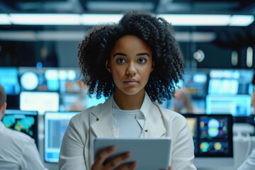 Young Multiethnic Female Government Employee Uses Tablet Computer in System Control Monitoring Center. In the Background Her Coworkers at Their Workspaces with Many Displays Showing Technical Data.