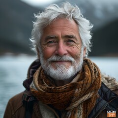 Wall Mural - Portrait of a smiling senior man with grey beard outdoors. serene elder in nature. AI