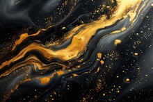 Abstract Black And Gold Liquid With Gold Paint With A Mesmerizing Map Of The Unknown, Painted With A Lustrous Black And Gold Liquid That Flows Like Water. Great As Wallpaper, Texture, Pattern.