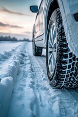 Poster - A detailed close-up view of a tire on a snowy road. This image can be used to depict winter driving conditions or as a symbol of road safety during snowy weather