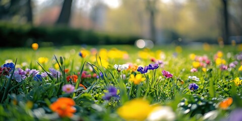 Poster - A vibrant field filled with a variety of colorful flowers, with tall trees in the background. Perfect for nature enthusiasts and garden lovers.