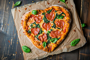 Wall Mural - Valentine's day heart shaped pizza. Romantic meal