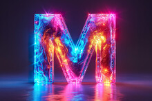 Letter M - colorful glowing outline alphabet symbol on blue lens flare dark background