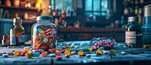 Amidst The Colorful Building Blocks And Indoor Setting, A Lone Jar Of Pills And Capsules Sits On The Table, Hinting At The Fragility And Complexities Of Human Existence