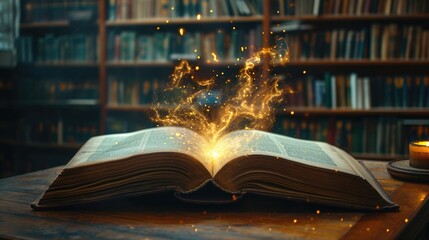 Poster - An open book with a lit candle sitting on a table. Perfect for adding a cozy and warm touch to any creative project