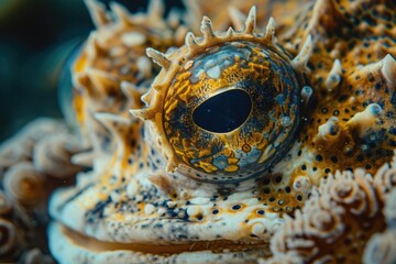Poster - A detailed close-up of a fish's eye on a vibrant coral. This image can be used to showcase the intricate details of marine life and the beauty of coral reefs