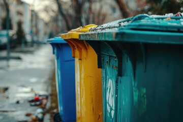 Wall Mural - A row of garbage cans sitting on the side of a road. Suitable for depicting cleanliness, waste management, or urban environment concepts