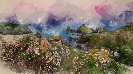 Wall Mural - Digital watercolour painting of Beauitful sunrise and sunset landscape image of Kynance Cove in Cornwall England with colourful sky