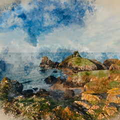 Wall Mural - Digital watercolour painting of Beauitful sunrise and sunset landscape image of Kynance Cove in Cornwall England with colourful sky