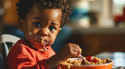 Wall Mural - Child eating açaí in bowl with crunchy granola and fresh fruits smearing himself with fun.