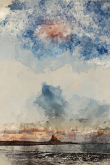 Wall Mural - Digital watercolour painting of Stunning dramatic landscape image of Lindisfarne, Holy Island in Northumberland England during Winter